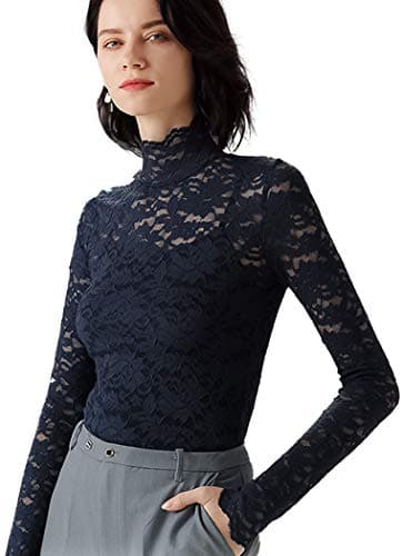 QiuDumo Womens Long Sleeve Bodysuit Mock Neck Lace Tops Mesh Top Night Out Outfit Plus Size Navy Blue XXXL - Image 1