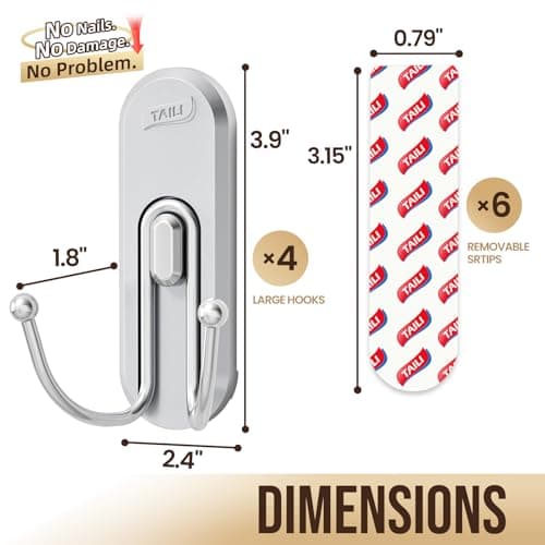 TAILI Adhesive Hooks for Hanging, 4 Coat Hooks & 6 Strips, Heavy Duty No-Drill Removable Large Wall Hanger for Towel, Backpack, Hat, Door,Kitchen Home Decor, Decorative Key Holder - Silver - Thumbnail 4