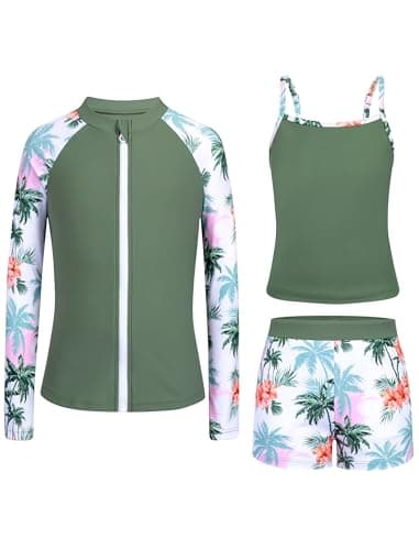 Seanrui Kids Swimsuits Rash Guard Size 6 Long Sleeve 3 Piece Swim Suits Bathing Suit with Pockets Military Green（6-7Y - Image 1
