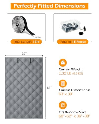 cocobeen Window Insulation Cover for Winter - 39" x 63" Thermal Insulated Window Curtain Kit with Oxford Cloth Thicken Cotton to Keep Heat for Home RV Basement Winter & Summer Use - Thumbnail 2