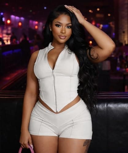 ABKY Sexy Club Outfits for Women Going Out Lapel Zip-Up Crop Tank Top and Skinny Shorts Sets Women 2 Piece Outfit White 2XL - Thumbnail 4