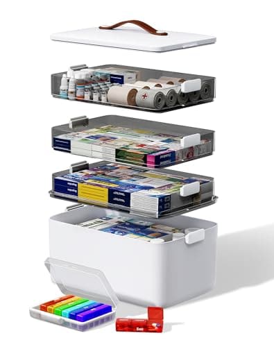 LEGUO 4-Tier Medicine Cabinet Organizer with Leather Handle, Empty Plastic First Aid Kit, Multipurpose Storage Box with A Portable Weekly Pill Organizer for Family Emergencies, Home - Image 1