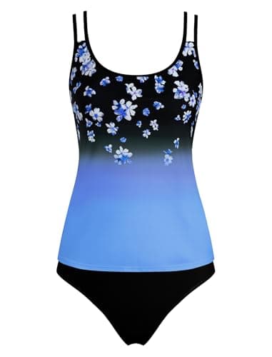 ZAFUL Two Piece Tankini Swimsuit for Women High Waisted Tummy Control Bathing Suit Double Up Tankini Set 4-Blue Flowers XL - Thumbnail 3