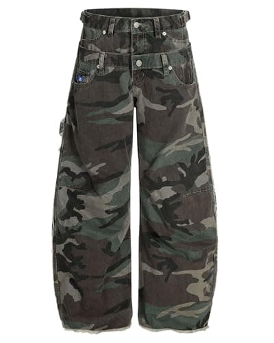 Aelfric Eden Womens Double Waist Camo Cargo Pants Vintage Washed Loose Straight Leg Trousers with Multi Pockets Green 28