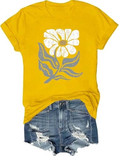 Womens Boho Wildflowers Floral Vintage Flower Boho Tee T-Shirt Summer Short Sleeve T Shirts Cute Graphic T Shirt(B7A-Yellow1,XXL) - Image 1