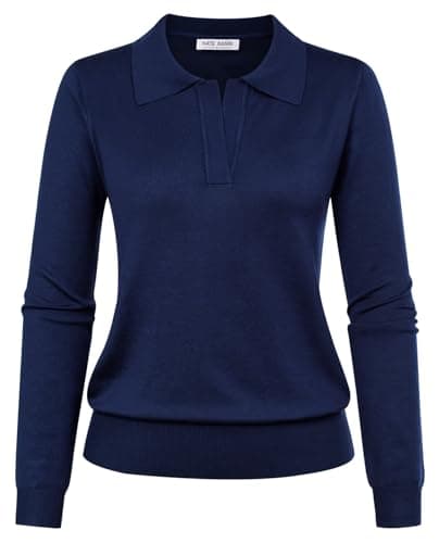 Kate Kasin Women Long Sleeve Pullover Sweater Lapel Collar Solid Ribbed Polo Knitwear V Neck Tops Basic Sweater Navy Blue XL - Image 1