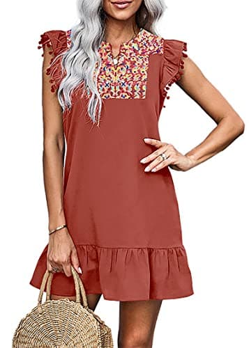 KIRUNDO Women's 2026 Summer Mini Dress Spring Casual V Neck Floral Embroidered Ruffle Sleeveless Shift Flowy Boho Dress (B-Brick Red, X-Large) - Image 1
