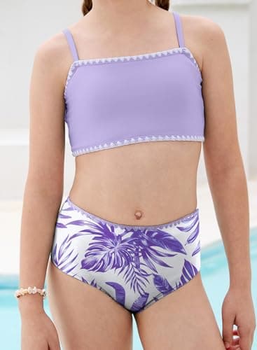 blibean Tween Girls Swimsuit Teen Two Piece Bathing Suit Big Kids Hawaii Bikini Sets Junior High Waist Swimwear Floral Boho Swimming Suits Beach Traje Baño Niñas Size 10-11 Year Old Lavender - Thumbnail 2