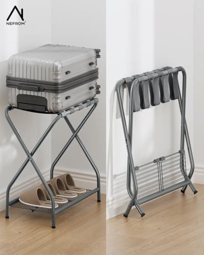 NEFROM Luggage Rack, Suitcase Stand with Storage Shelf, Foldable Metal Luggage Holder for Guest Room, Bedroom, Hotel LR-GY-1 - Thumbnail 4