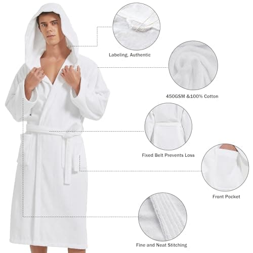 UTJZIB Mens Robe with Hood-Classic Terry Cloth Bathrobe for Men,Soft Knee Length Bathrobes for Spa - Thumbnail 6
