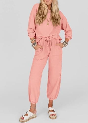 KIRUNDO Lounge Sets for Women 2026 Spring Airport Travel Outfits Ribbed Knit Tops Jogger Pants Tracksuit Postpartum Comfy Set(Pink, Medium) - Thumbnail 6