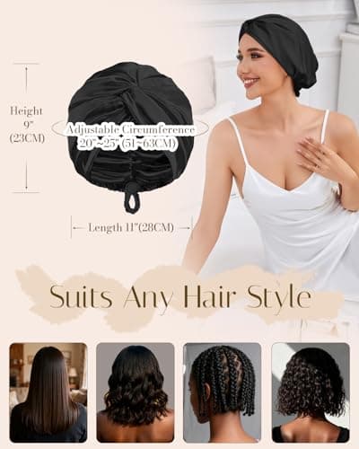HFRHTGY Adjustable Silk Satin Hair Bonnet for Sleeping Women Hair Wrap, Double Layer Night Turban, Sleep Cap for Natural Curly Straight Unisex - Black - Thumbnail 6