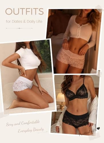 ALL OF SHE Lace Boyshort Sexy Underwear Womens Panties Cheeky Plus Size Lingerie Stretch Cotton Waistband S-3XL 5 Pack - Thumbnail 3