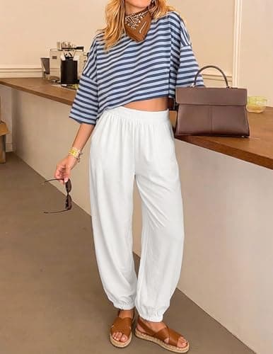 ZESICA Women's High Waisted Wide Leg Palazzo Pants 2026 Summer Lounge Pant Beach Travel Vacation Trousers Outfits White Meidum - Thumbnail 2