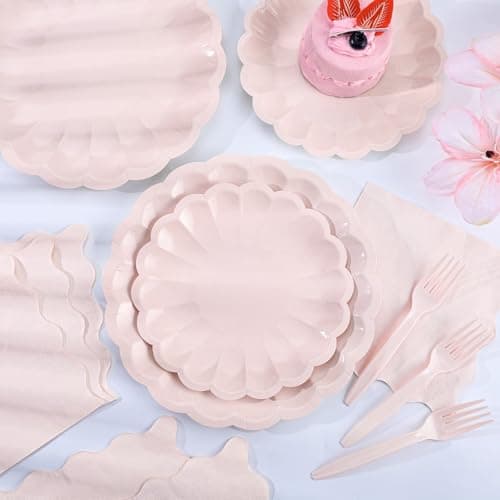 96 Pcs Pink Paper Plates and Napkins Party Supplies Serve 24 Guests Include Scalloped Dinner Plates 9.5", Dessert Plate 7.5", Napkins Plastic Forks for Baby Bridal Shower Wedding Mother's Day Birthday - Thumbnail 6