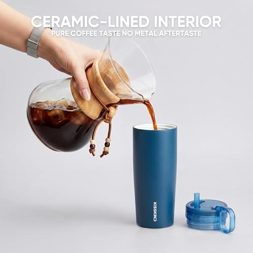 KISSKIND 20 Oz Iced Coffee Tumbler with Hidden Straw, Insulated Stainless Steel Coffee Tumbler, Leakproof Ceramic Lined Travel Cup for Subway Commuting, Slim Tumbler for To-Go, Americano - Thumbnail 6