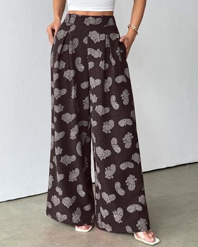 Bsubseach Women Palazzo Pants Modern Boho Floral High Waisted Wide Leg Pants Summer Causal Beach Trousers with Pockets Brown XL - Thumbnail 2