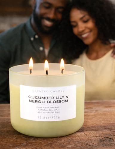 Cucumber Lily & Neroli Orange Blossom 3-Wick Soy Scented Candle, 15.8 oz | Spa Fresh Aromatherapy Candle | Large Scented Candle for Home, Long Lasting & Clean Burning - Thumbnail 3
