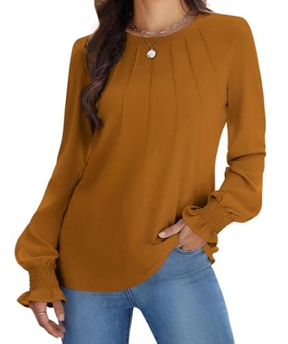 Funlingo Womens Tops Dressy Casual 2025 Trendy Fall Shirts Crew Neck Pleated Tee Blouses Long Puff Sleeve Cute Office Teacher Shirts Caramel M - Image 1