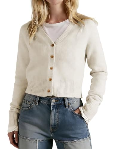 Vimida Women's V Neck Slim Fit Cardigans Button Down Long Sleeve Short Sweater Casual Comfort for Office Lounge(ige-L) Beige - Image 1
