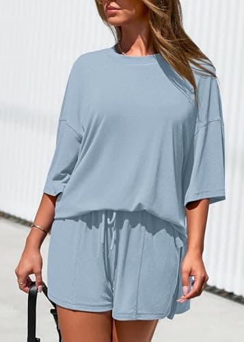 KIRUNDO 2 Piece Sets for Women Summer Lounge Sets Casual Oversized Tshirts Shorts Matching Airport Travel Outfits Postpartum(Light Blue, Medium) - Thumbnail 6