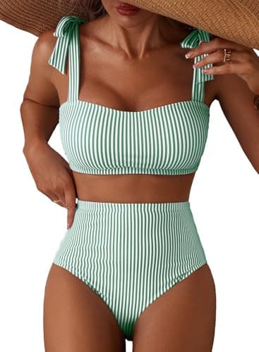 Herseas Women's Striped 2 Piece Bikini Sets Shoulder Strap Knot High Waisted Swimsuits Quick Dry Soft Bathing Suit High Elasticity Long Torso Swim Outfits Medium Green Stripes - Image 1