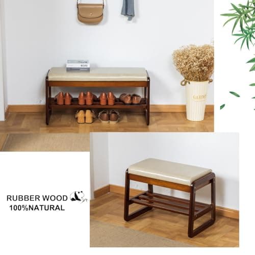 latifolia Solid Wood Bench, Entryway Shoe Bench with Cushion, Flip-Open Storage Compartment, 2-Tier Shoe Organizer(Grey,21.65''L) - Thumbnail 4