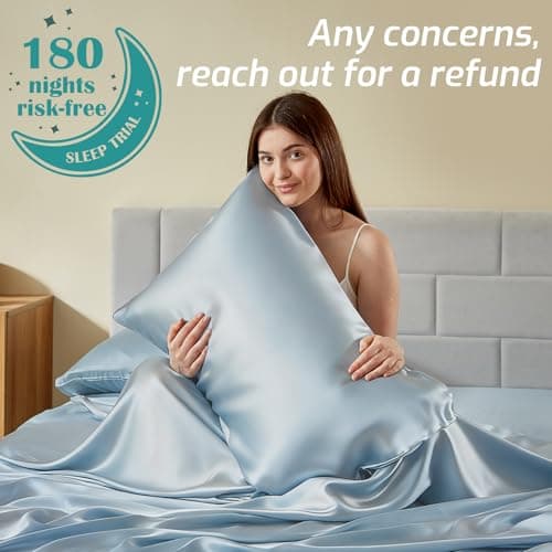 Silver Infused Bed Sheets - 20% Silk Blend Ultra-Soft Temperature-Regulating Fabric with Self-Cleaning that Stays Fresh 3X Longer for Hygienic Sleep (Light Blue, CK) - Thumbnail 5