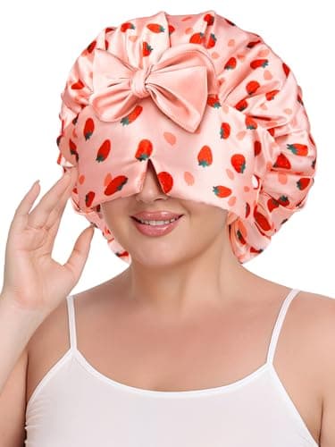 Vettres Double Layer Satin Bonnet for Sleeping with Detachable Eye Mask Adjustable Night Cap for Curly, Natural, Braided Hair Reduces Frizz & Locks in Moisture Strawberry