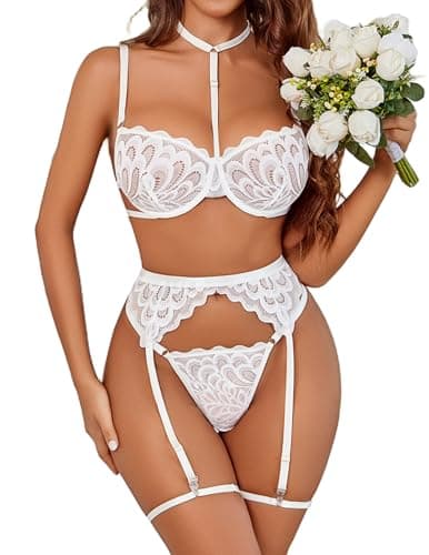 Avidlove Lingerie For Women Sexy Bra And Panty Sets With Garter Belt 3 Piece Underwire Lingeries Set Babydoll Bodysuit White