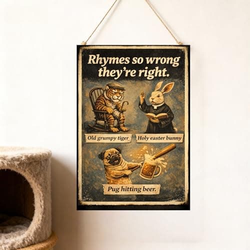 Rhymes So Wrong They're Right Metal Tin Sign, 8x12 Inch Vintage Retro Art, Funny Animal Quote Sign, Old Grumpy Tiger, Holy Easter Bunny, Pug Hitting Beer, Pre-drilled for Easy Hanging - Thumbnail 3