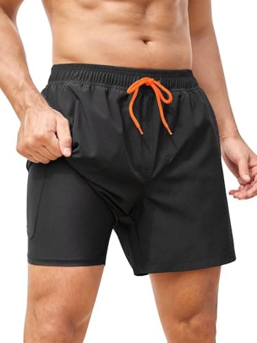 SILKWORLD Men's Swim Trunks Quick Dry Bathing Suits 6 Inch Swimming Shorts with Compression Liner and Zipper Pockets, Black, X-Large - Image 1