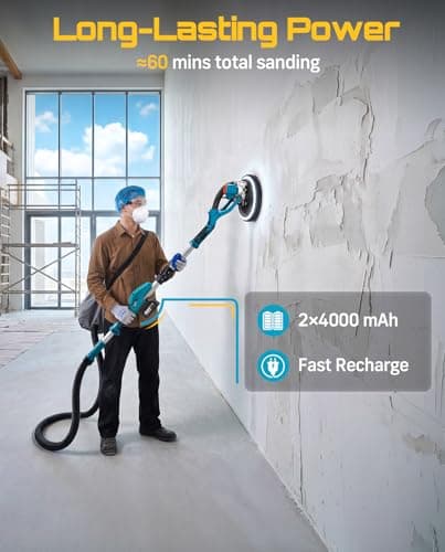 SEESII Cordless Drywall Sander with Vacuum,900W 1900RPM 2x4.0Ah Battery,Popcorn Ceiling Remover Tool,Brushless Low Noise Variable Speed,Wall Sander for Painting Prep,Foldable Telescopic,LED,12 Discs - Thumbnail 3