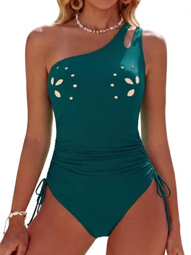 Dridreo Slimming Swimsuit for Women 2026 Tummy Control One Shoulder Bathing Suits Modest Swimwear 2026 Teal M - Image 1