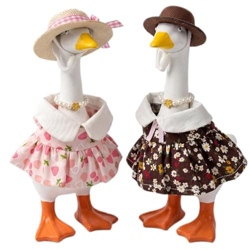 MUGEEY Desk Goose Outfits 7 Inches- 2 Set Cute Spring Summer Matching Dresses for Mini Desktop Geese with Hats Necklace, Magnetic Duck Goose Statue Accessories - Image 1