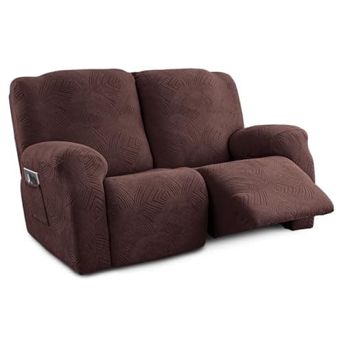 Cushonix Recliner Loveseat Covers,4-Piece Stretch Geometric Strokes Jacquard Reclining Chair Slipcovers,Furniture Protector with Side Pocket,Soft Breathable Couch Cover,2 Seater Chocolate - Image 1