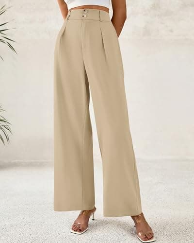 BTFBM Women Wide Leg Dress Pants 2026 High Waisted Button Pleated Business Casual Trousers Office Work Palazzo Pants(Light Khaki, XX-Large) - Thumbnail 2
