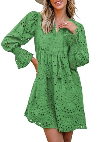 Dokotoo Spring Dresses for Women 2026 Fashion Tassel V Neck Boho Dress Long Sleeve A Line Hollow Out Lace Green Dress Ruffle Cute Flowy Beach Cocktail Sun Dresses Medium - Image 1