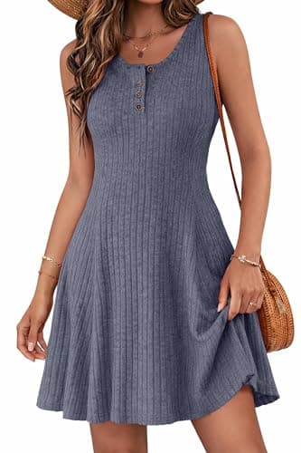 Lazysmile Summer Sleeveless Dresses for Women Crewneck Button Down Ribbed Knit A Line Casual Short Dress Grey Blue - Image 1