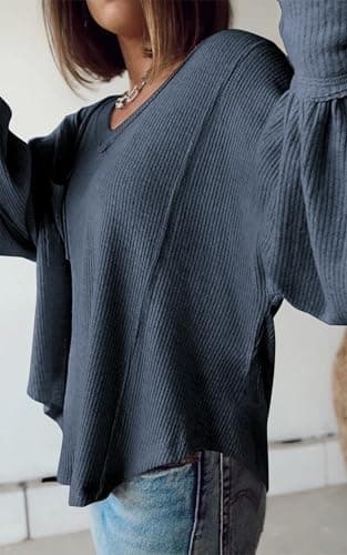 BTFBM Womens Fall Fashion 2026 Long Sleeve Shirts Casual V Neck Ribbed Knit Blouses Pullover Trendy Loose Fit Tunic Tops(Solid Light Grey Blue, Small) - Thumbnail 5