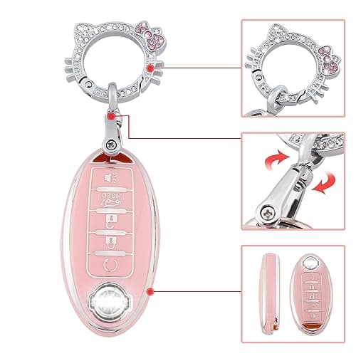 Pangpai Pink Key Fob Cover for Nissan, Soft TPU Key Protection with Keychain Fit for Altima Rogue Sentra Pathfinder Frontier Maxima Titan Murano Kicks Juke Versa Armada GTR 5 Buttons - Thumbnail 4