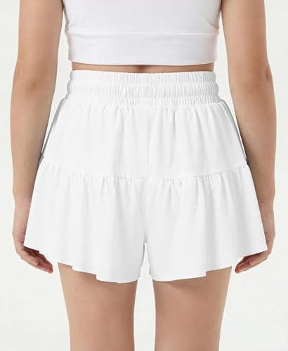 Stelle Girls Athletic Shorts Flowy 2 in 1 Butterfly Short Running Soccer Tennis Sports Shorts with Pocket,White,12-13 Years - Thumbnail 2