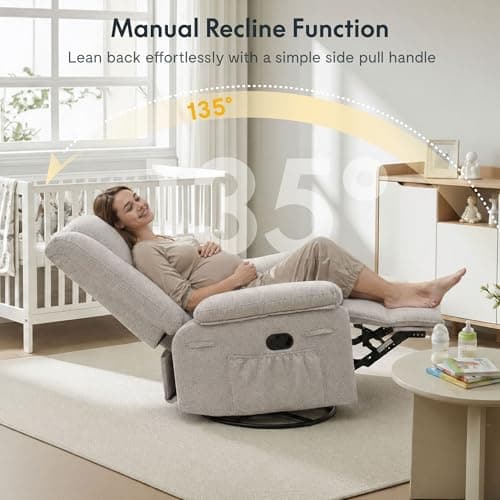 FLEXISPOT Swivel Rocker Recliner Chair for Adults, Massage Recliner Rocking Chair Nursery, 360° Swivel Nursery Glider for Living Room Bedroom, Beige (XRC2) - Thumbnail 6
