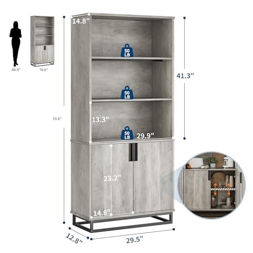 SLEKVERSA 70.6" Tall Bookshelf w/Doors & Metal Base, 5-Tier Bookcase with Cabinet and Adjustable Shelf, Wooden Book Shelf Farmhouse Bookcase for Living Room Office Library - Thumbnail 2