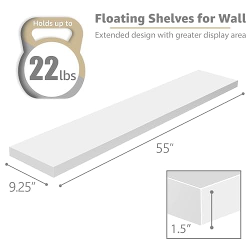 Sorbus Floating Shelves for Wall - 55 Inch Extra-Long Bathroom Shelves, Wall Decor for Bedroom, Kitchen, Living Room, Book Storage - Mounted Floating Shelf with Hidden Brackets (White, 2 Pack) - Thumbnail 3