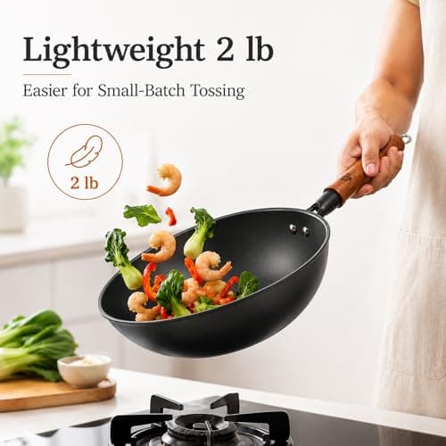 WANGYUANJI Carbon Steel Wok Pan - 10 Inch Nitrided Rust Resistant Stir Fry Pan, Flat Bottom Deep Iron Skillet with Lid, Lightweight Induction Cookware for 1-2 People, No Chemical Coating (26cm) - Thumbnail 4