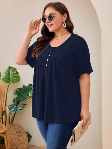 AusLook Plus Size Tunic Tops for Women Pleated Babydoll Blouse Short Sleeve Round Neck Loose Fit Casual Flowy Navy Blue 3X Tunic Shirts Summer Tops to Wear with Leggings - Thumbnail 4