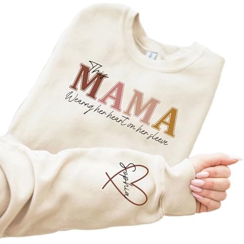 ROSLILY Personalized Mama Shirt For Women Custom Mom Sweatshirt Hoodie with Kid Name on Sleeve Mother Day Gift for Mom Grandma Gift, XS - Image 1