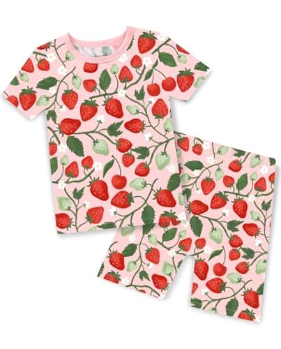 babee Reshinee Bamboo Viscose Toddler Strawberry Girls Kids Pajamas Short Sleeve Summer Cool Snug fit Pjs 12M-18M 2pcs - Image 1