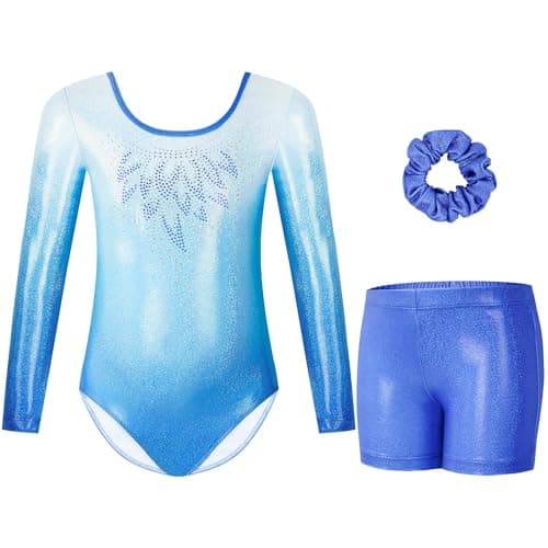 Gogokids Gymnastics Leotards for Girls Long Sleeve Sparkly Rhinestone Dance Unitards Biketards with Shorts, A-blue, 9-10 Years - Image 1
